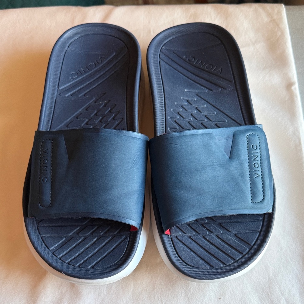 Vionic Navy Blue Rejuvenate Slides with White Soles